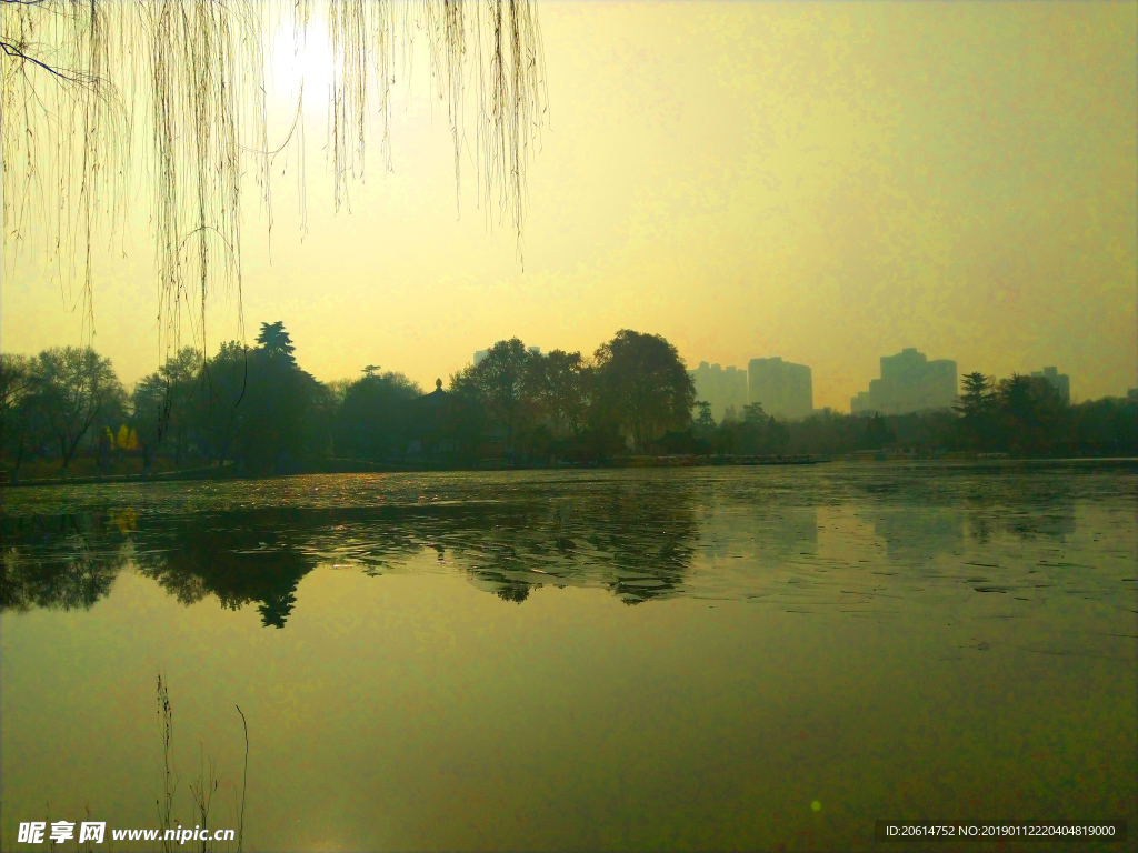 夕阳下美丽的公园风景