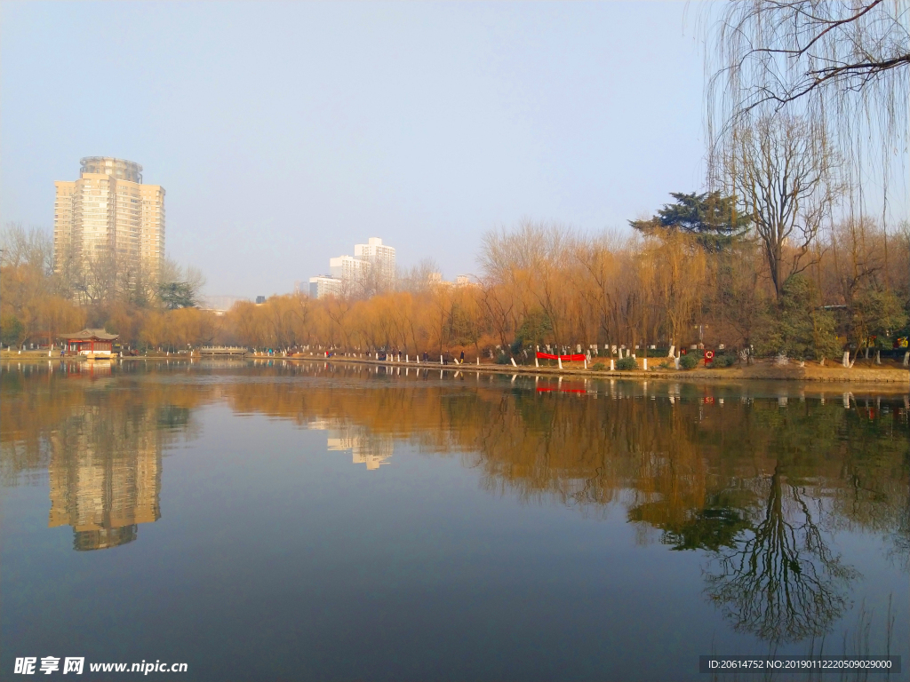 夕阳下的公园湖泊风景