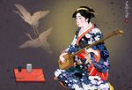 弹琴的美女古装传统插画线