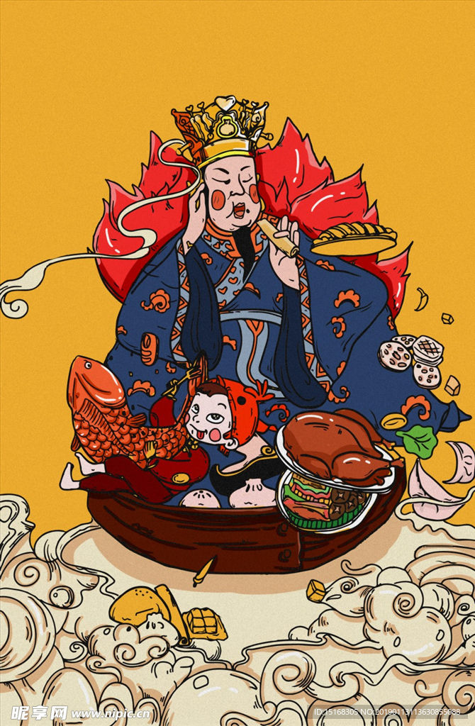 复古灶王爷插画新年