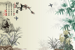兰花竹枝诗文水墨风格风景壁画