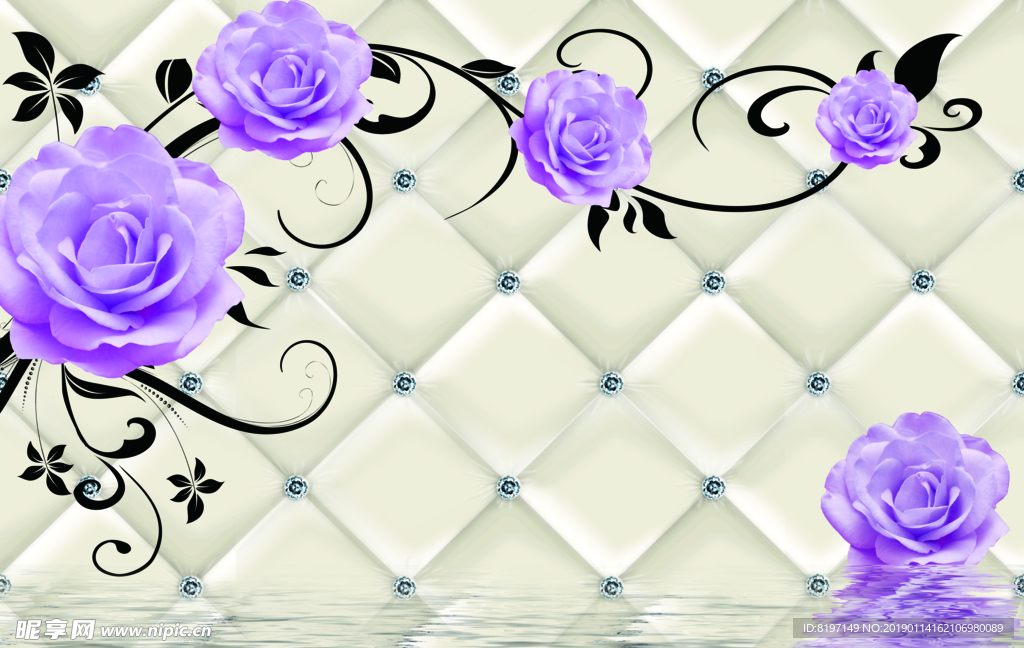 紫色花朵仿软包背景墙壁画