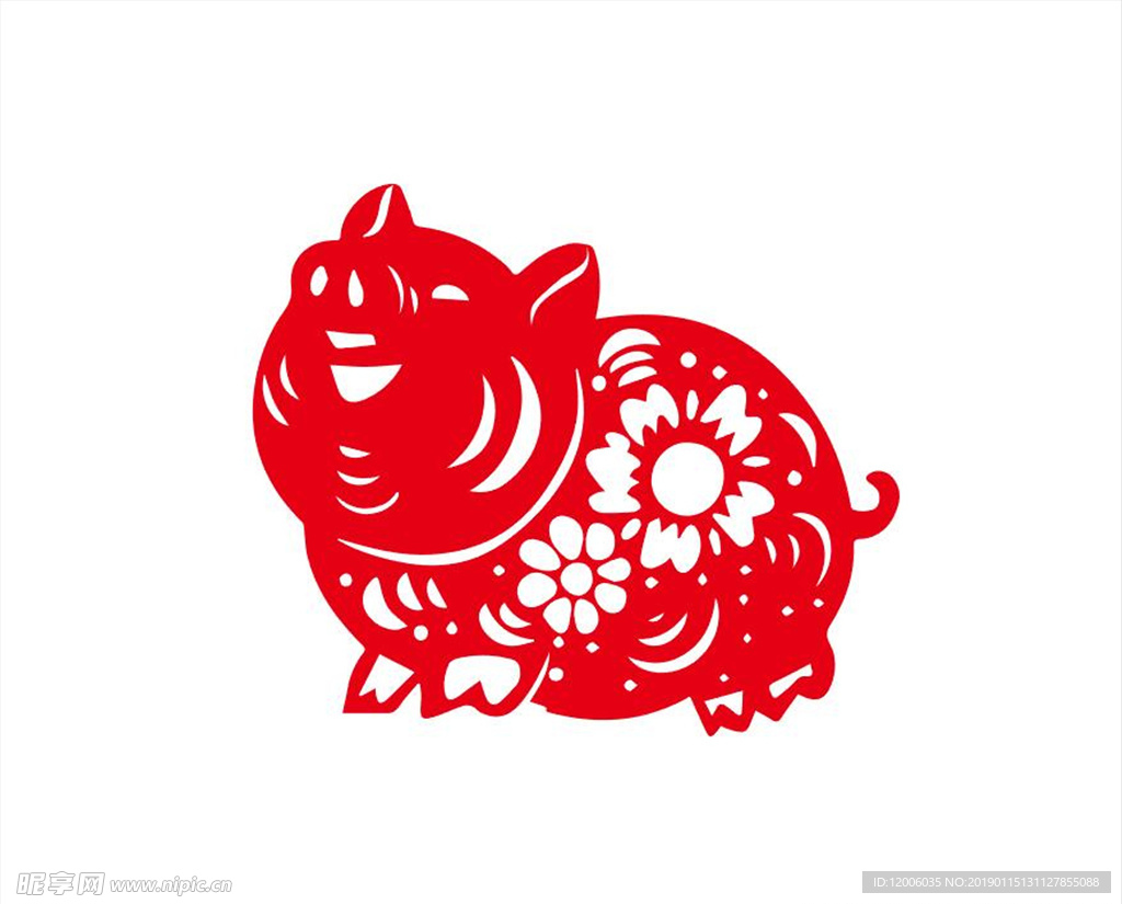 红色花纹生肖猪剪纸