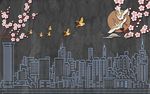 城市建筑仙鹤梅花飞鸟电视背景墙
