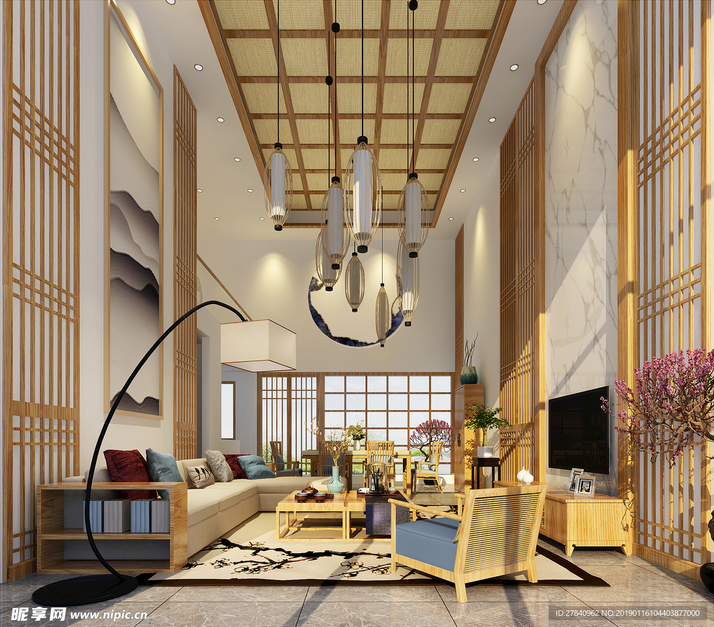 中式loft现代客厅3D模型