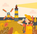 创意拍摄秋季风景的旅游女子矢量