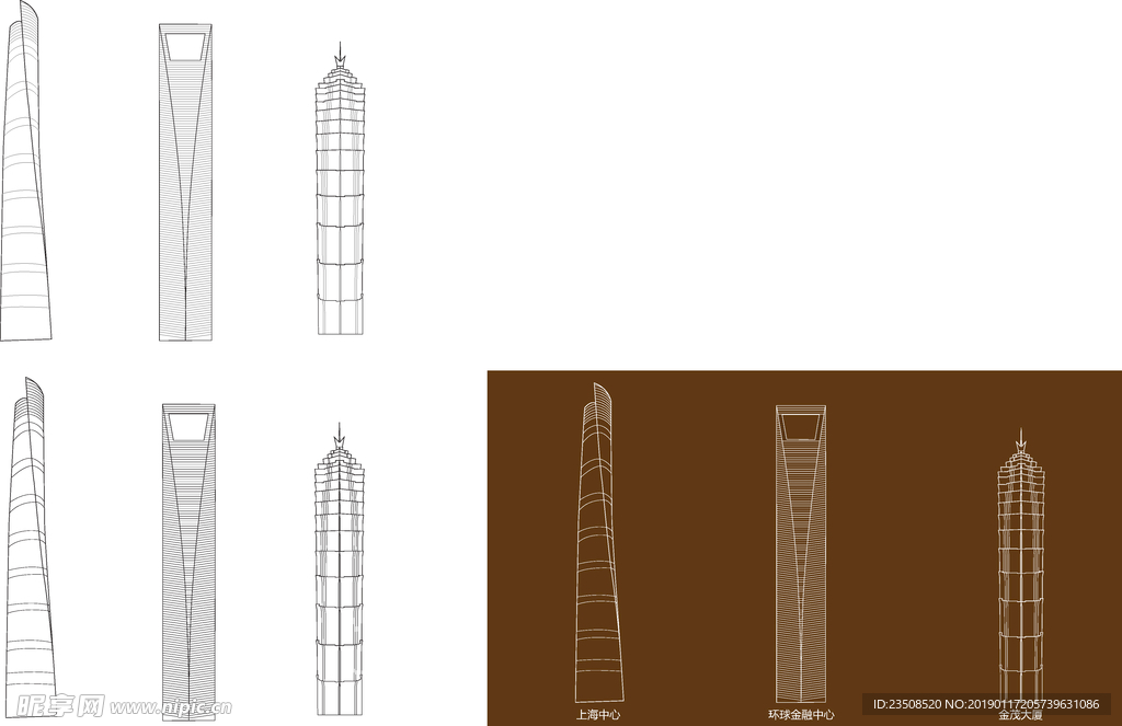 矢量上海三大摩天楼线稿