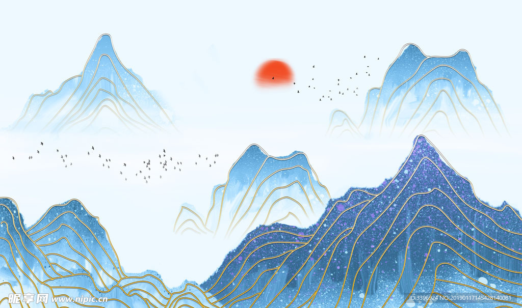 新中式蓝色山水风景金色背景墙