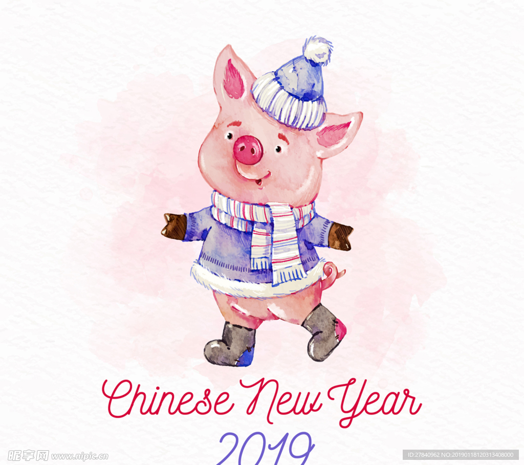 彩绘新年冬装小猪矢量素材