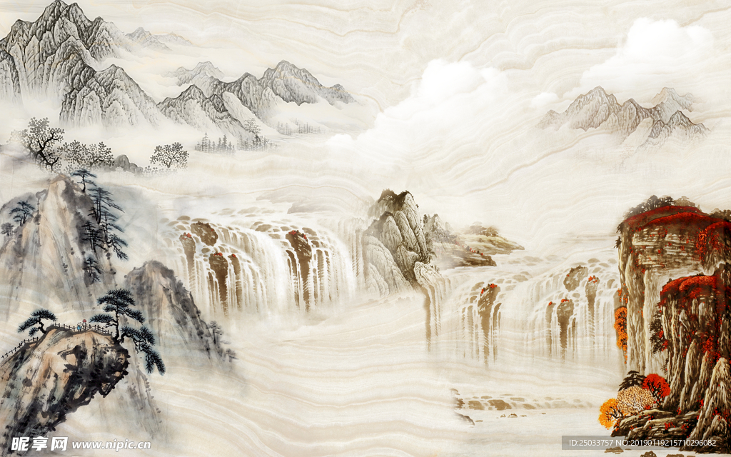中式国画水墨山水玄关屏风电视背