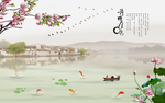 荷塘月色中式风景玄关屏风电视背