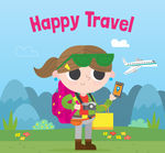 卡通旅行中的女子矢量素材