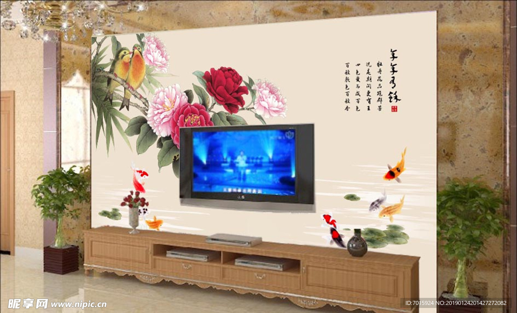 牡丹花电视背景墙