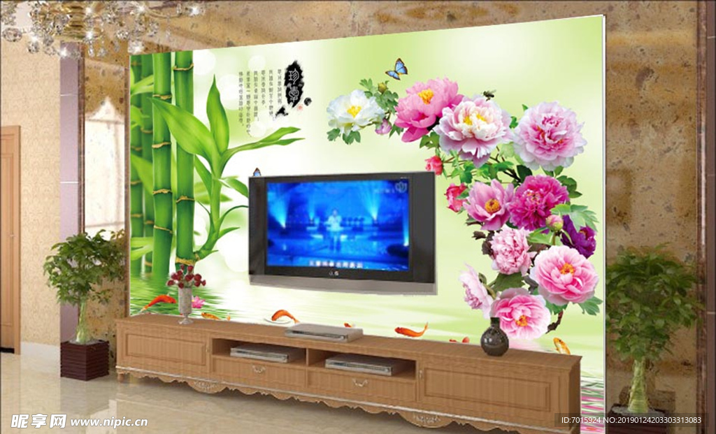 电视背景墙 墙纸 牡丹花背景