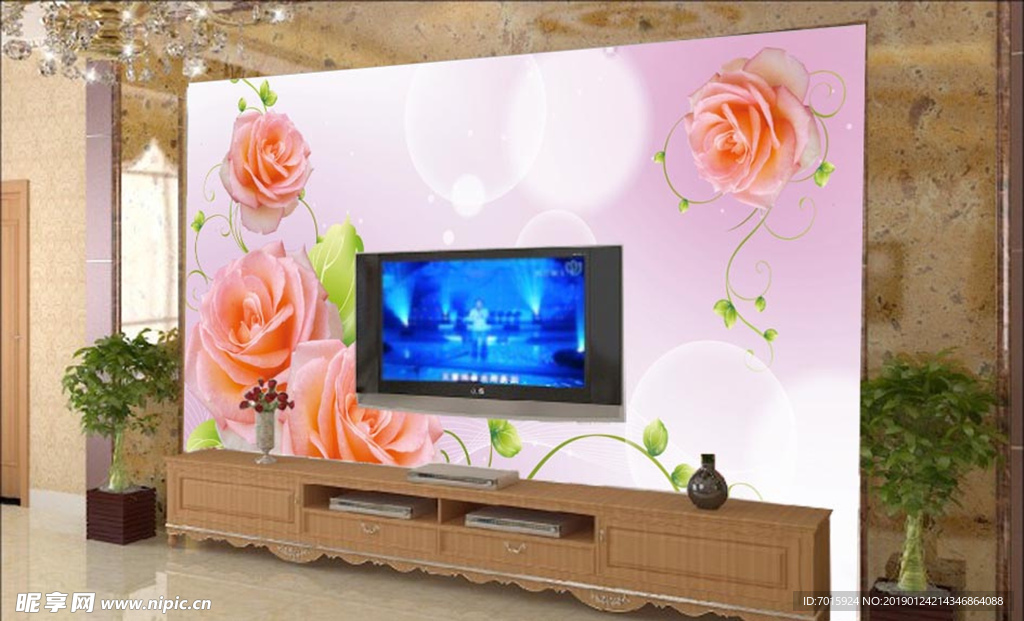 玫瑰花蝴蝶3D电视背景墙