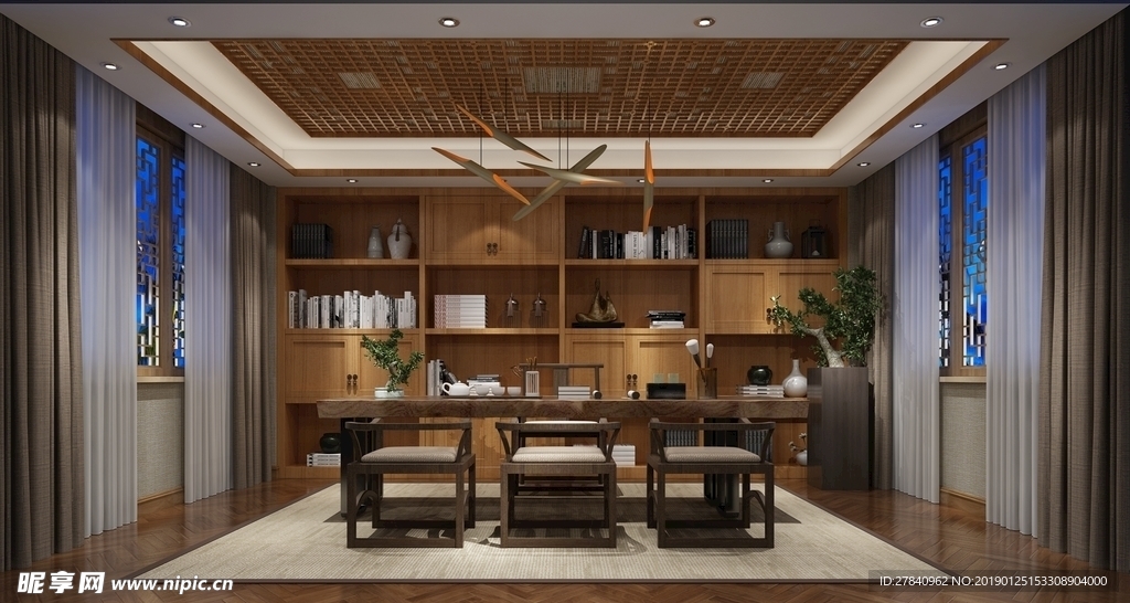中式书房效果图3D模型