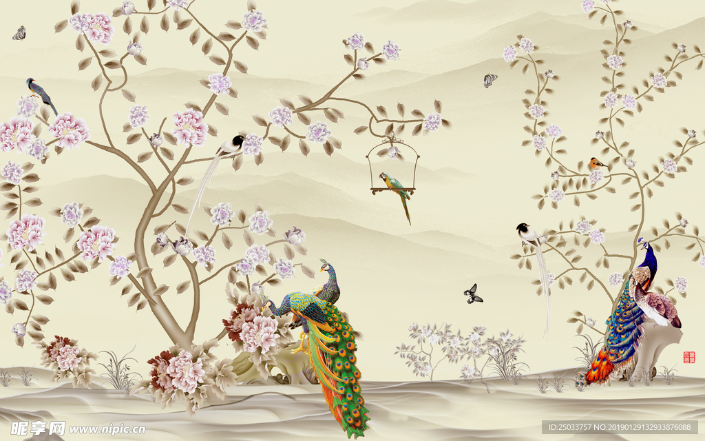 中式花鸟孔雀创意玄关屏风电视背