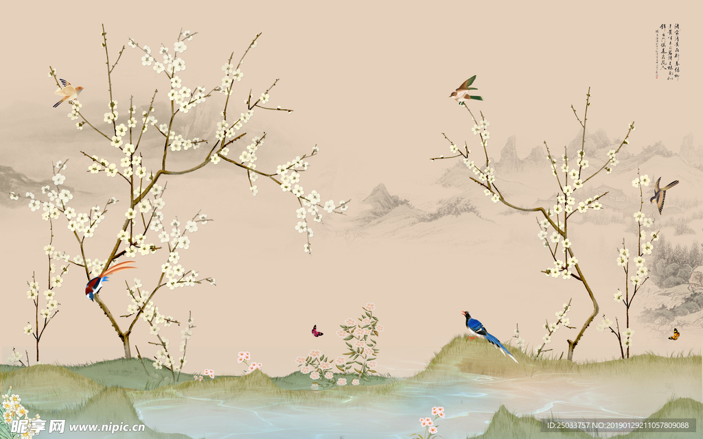 中式花鸟玄关屏风电视背景墙壁画