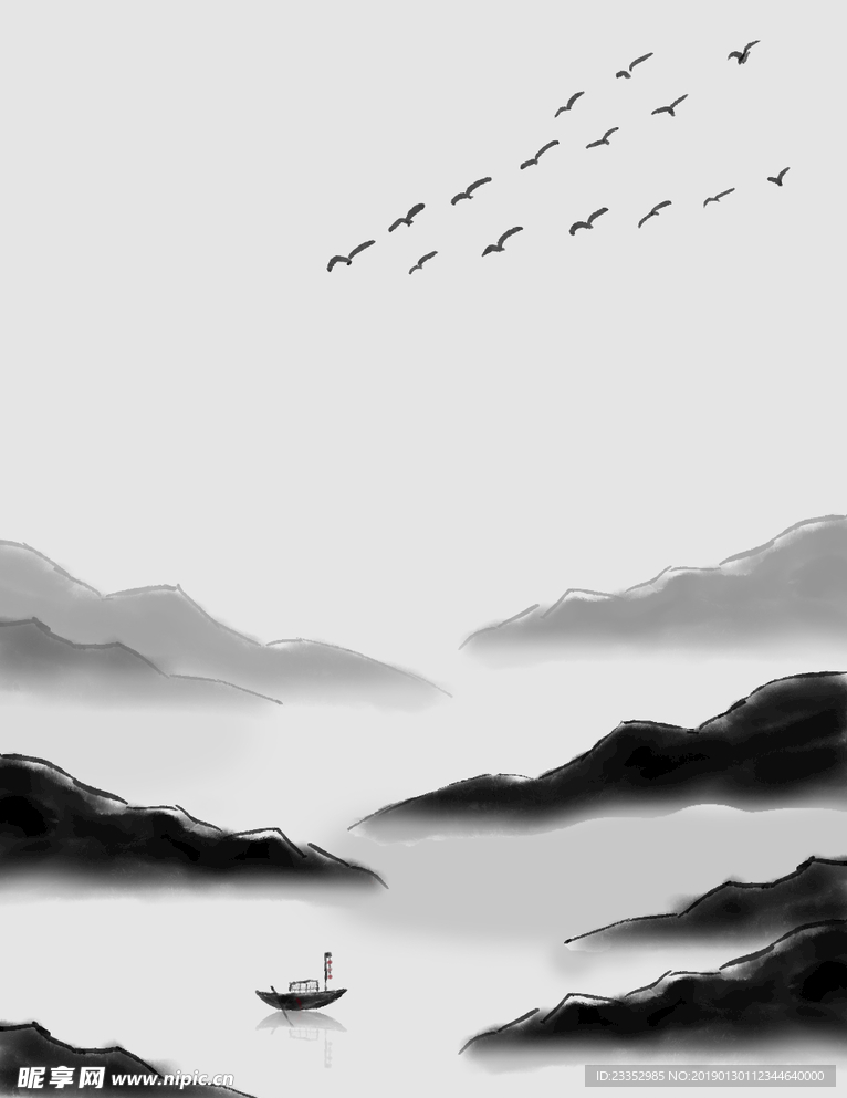 大雁孤山中国风山水孤舟水墨画