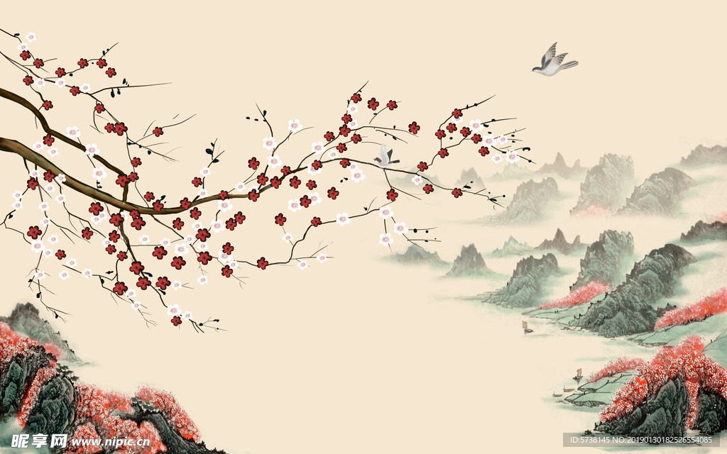 中式花鸟线条玄关屏风电视背景底