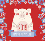2019年可爱花卉和猪贺卡