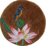 吴玉阳工笔画重彩画荷花翠鸟绢本