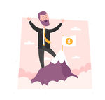 创意登上金币山峰的男子矢量图