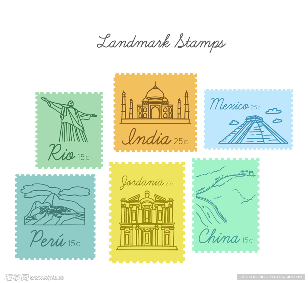 6款手绘旅游地标邮票矢量素材