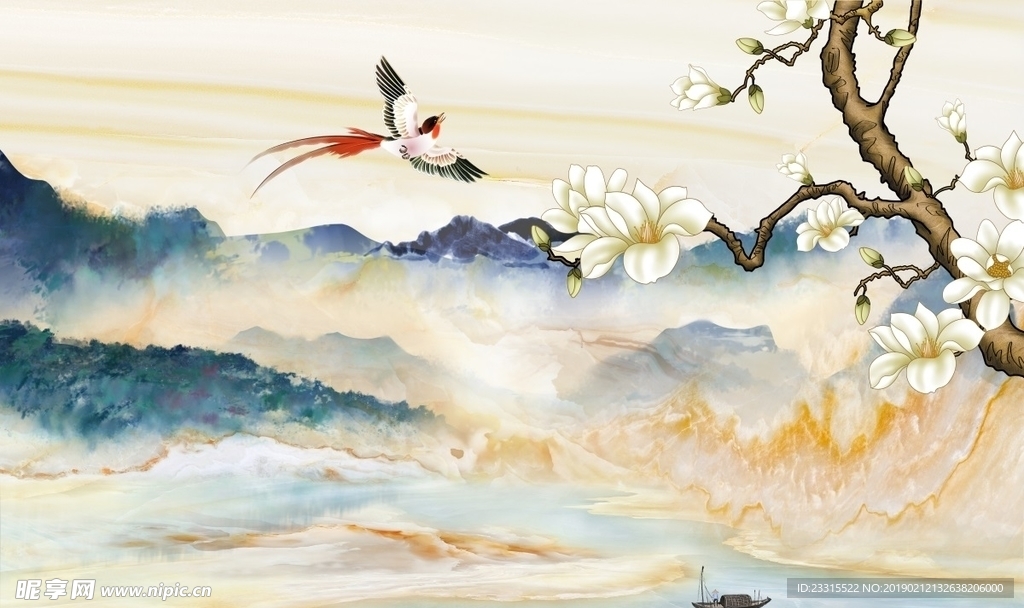 兰花彩雕花鸟背景墙