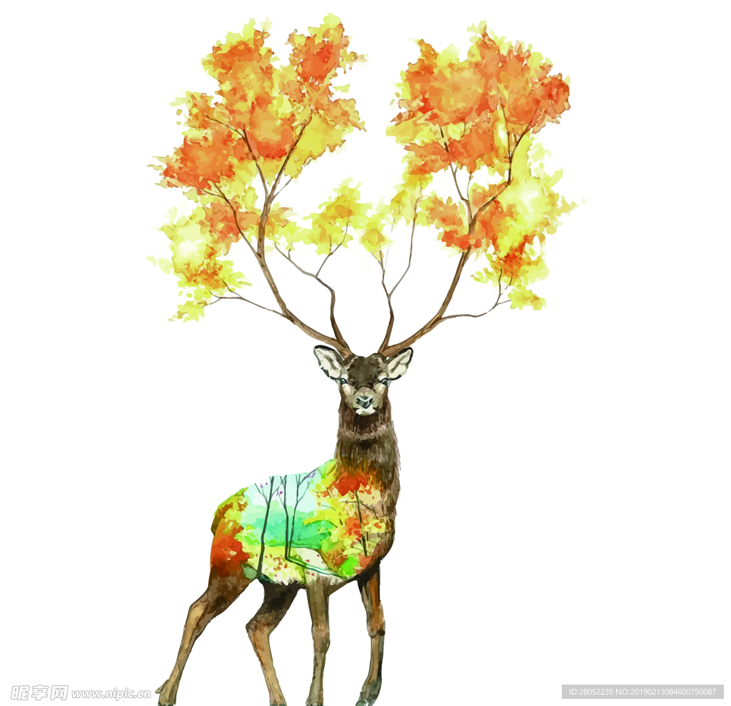 水彩喷溅效果之丛林里的鹿图片素材-正版创意图片500461866-摄图网