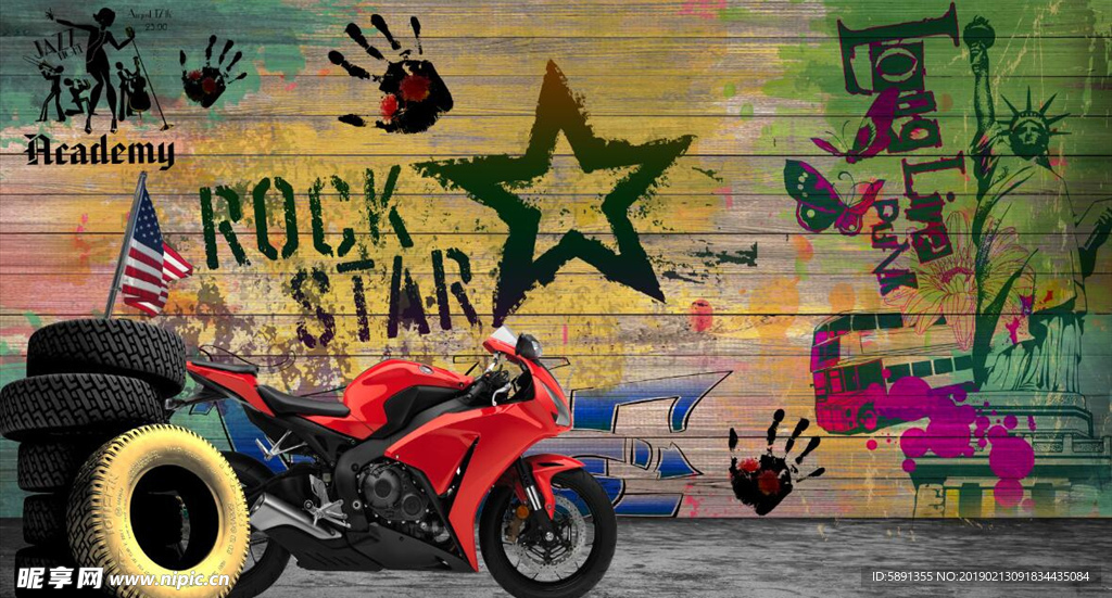 摩托车涂鸦工装背景墙