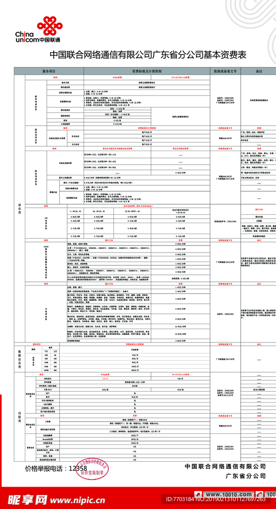 广东联通资费表价目表