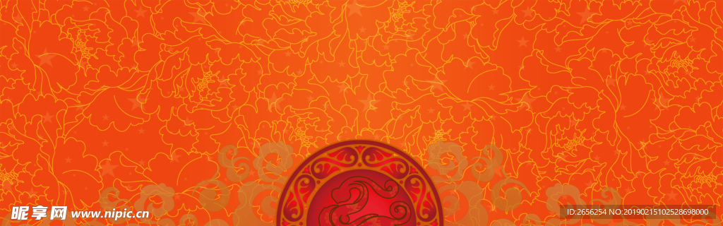 桔红牡丹花纹红底背景