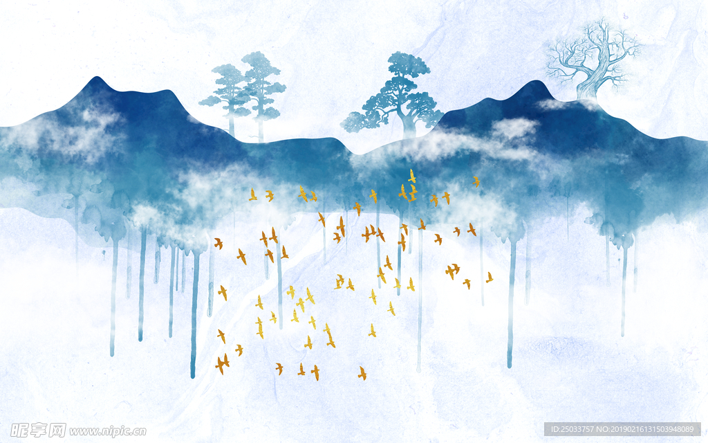 蓝色山水玄关屏风电视背景墙底纹