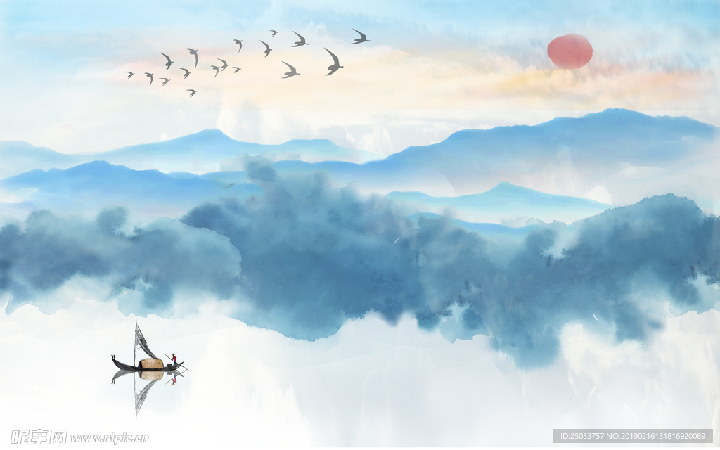 蓝色山水玄关屏风电视背景墙底纹