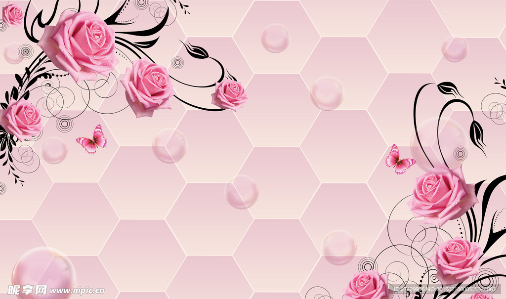 粉玫瑰花藤蜂窝背景立体背景墙