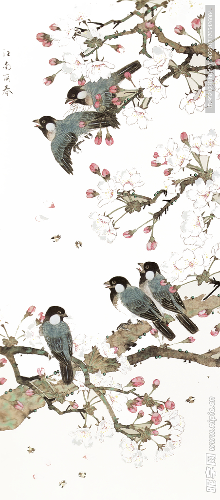 水墨桃花鸟