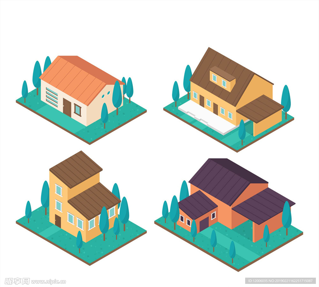 4款立体草坪上的住宅设计矢量图