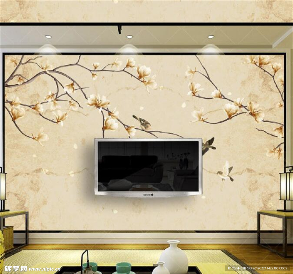 中式手绘玉兰花花鸟硬包背景墙