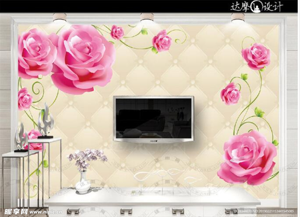 玫瑰花藤3D立体软包电视背景墙