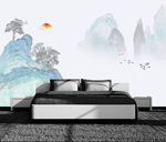 新中式写意国画山水画松树太阳