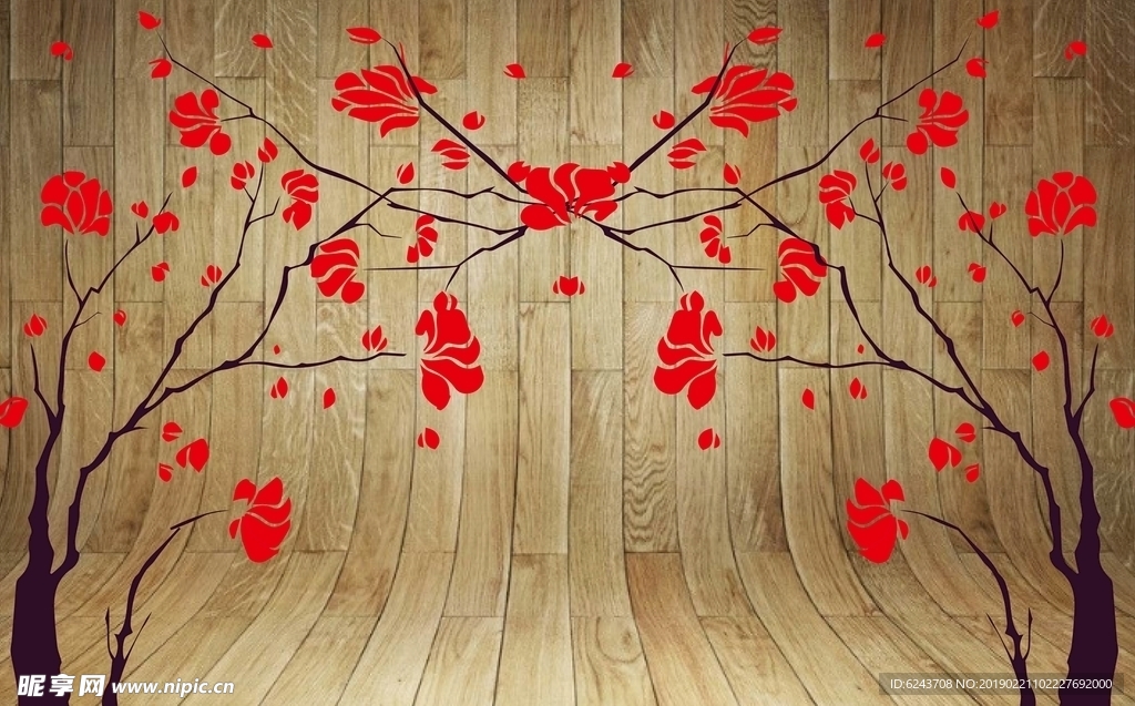 木纹红花朵电视墙