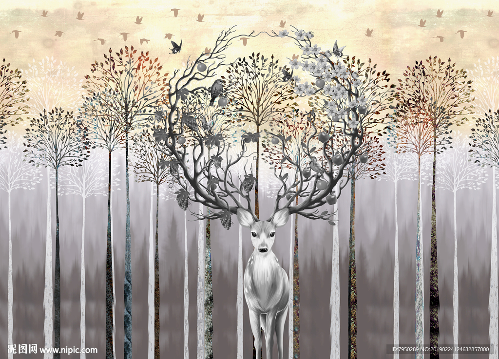 现代简约树林麋鹿背景墙