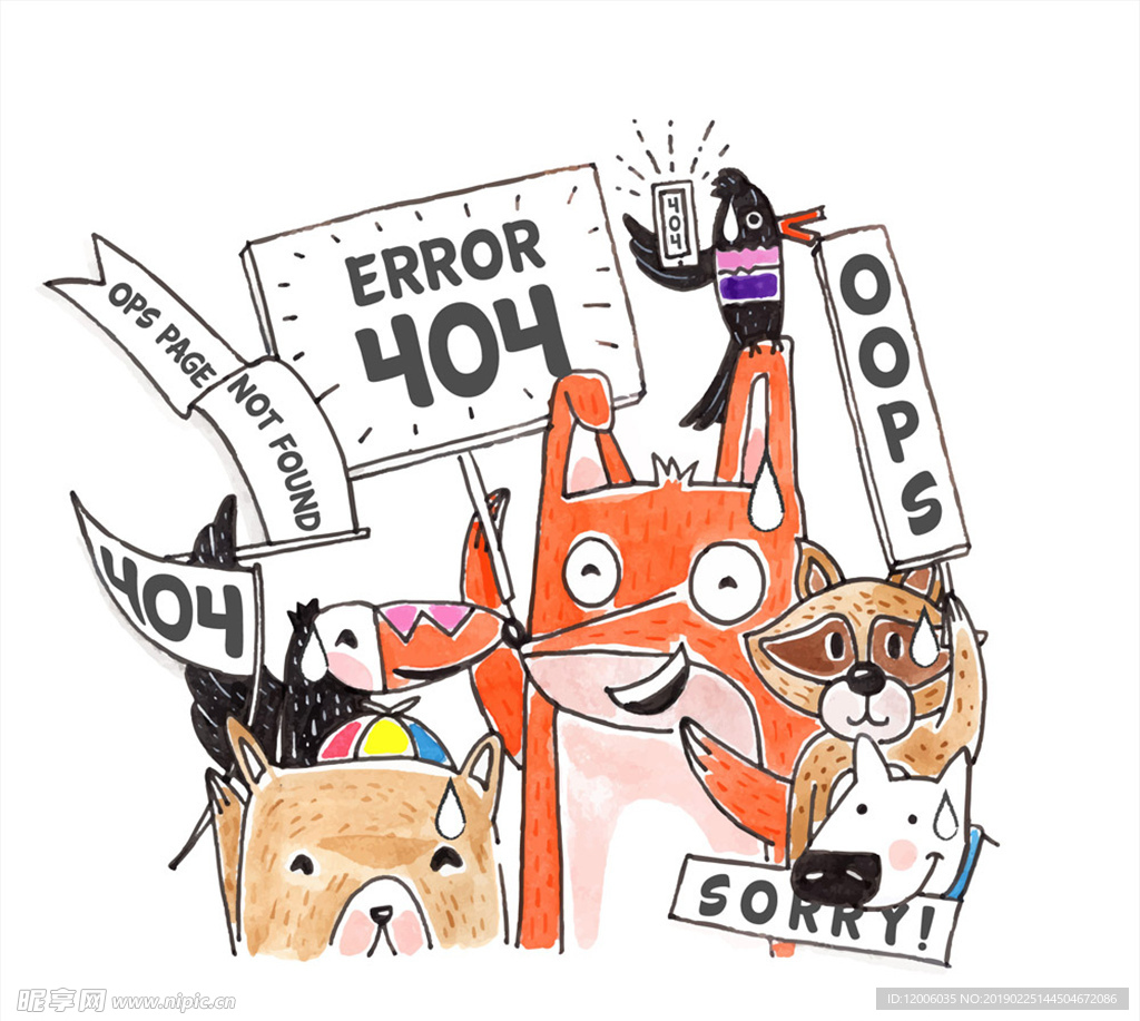彩绘404错误页面动物矢量素材