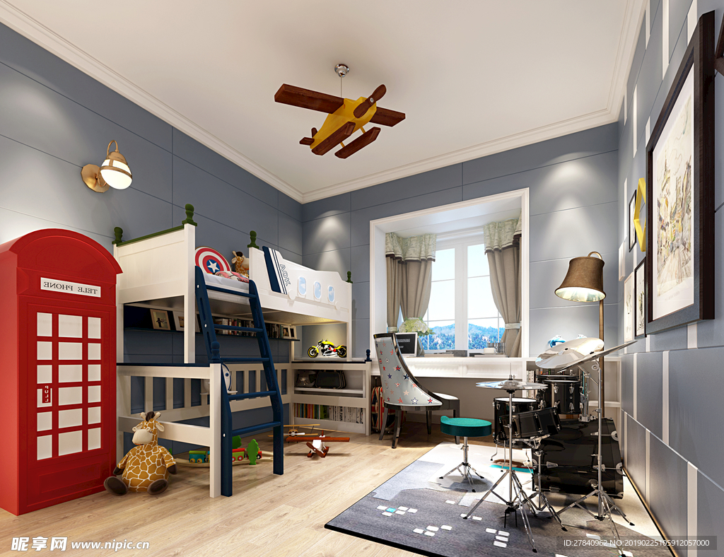 现代男孩房卧室效果图3D模型