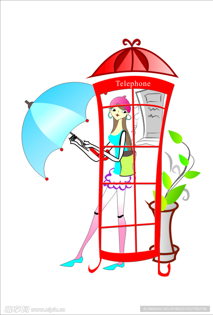 电话亭  插画  美女 雨伞