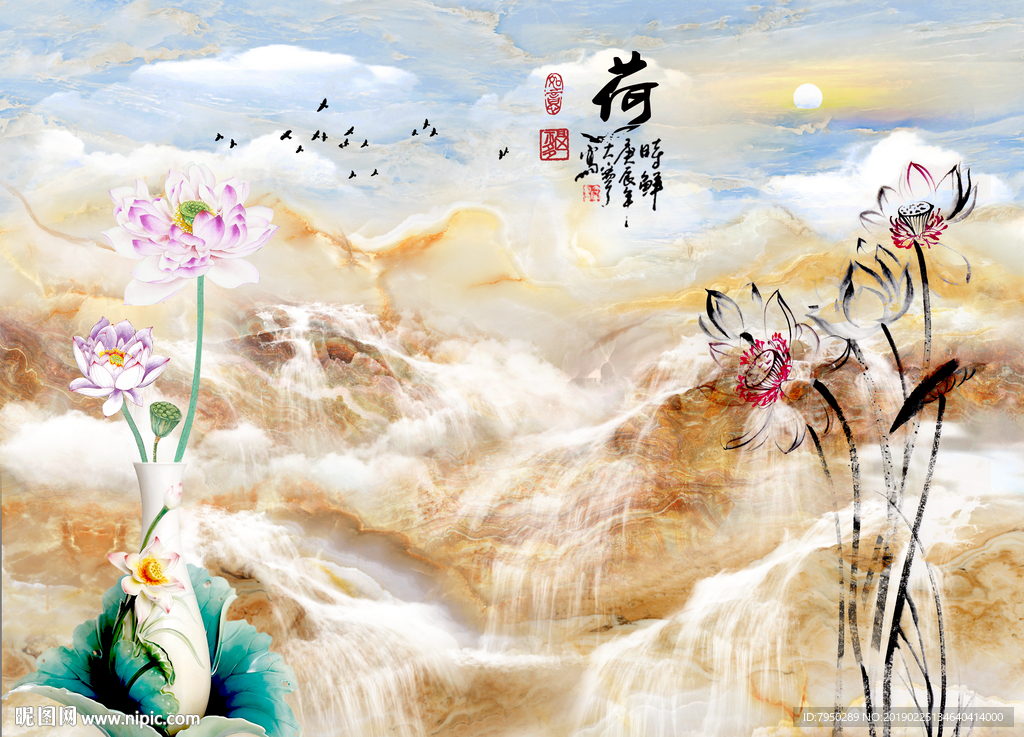 新中式大理石水墨意境背景墙