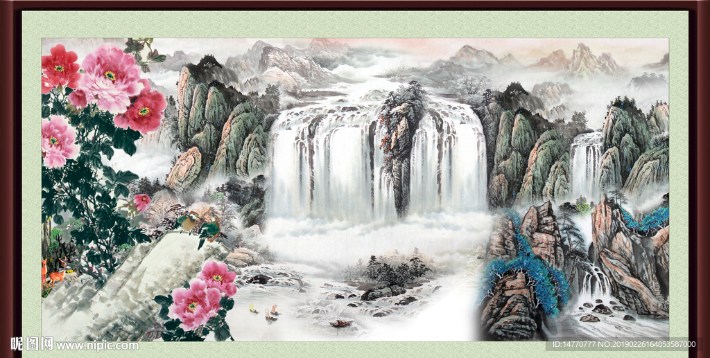 牡丹山水国画