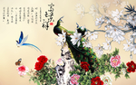 中式传统山水风景花朵富贵背景墙