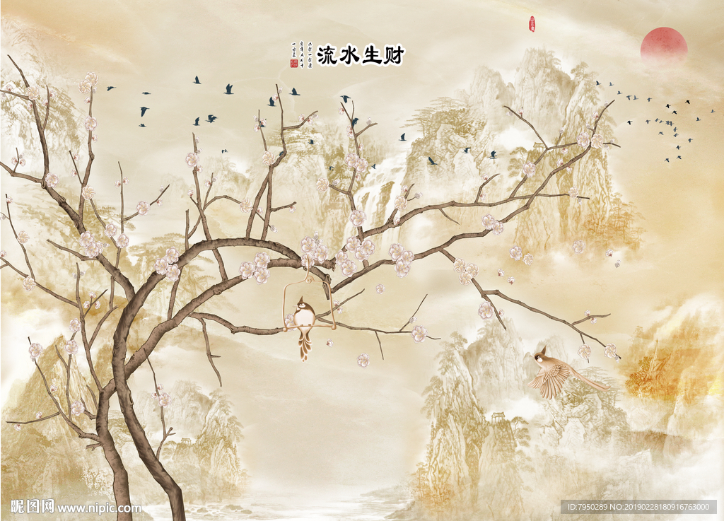 大理石山水花鸟背景墙